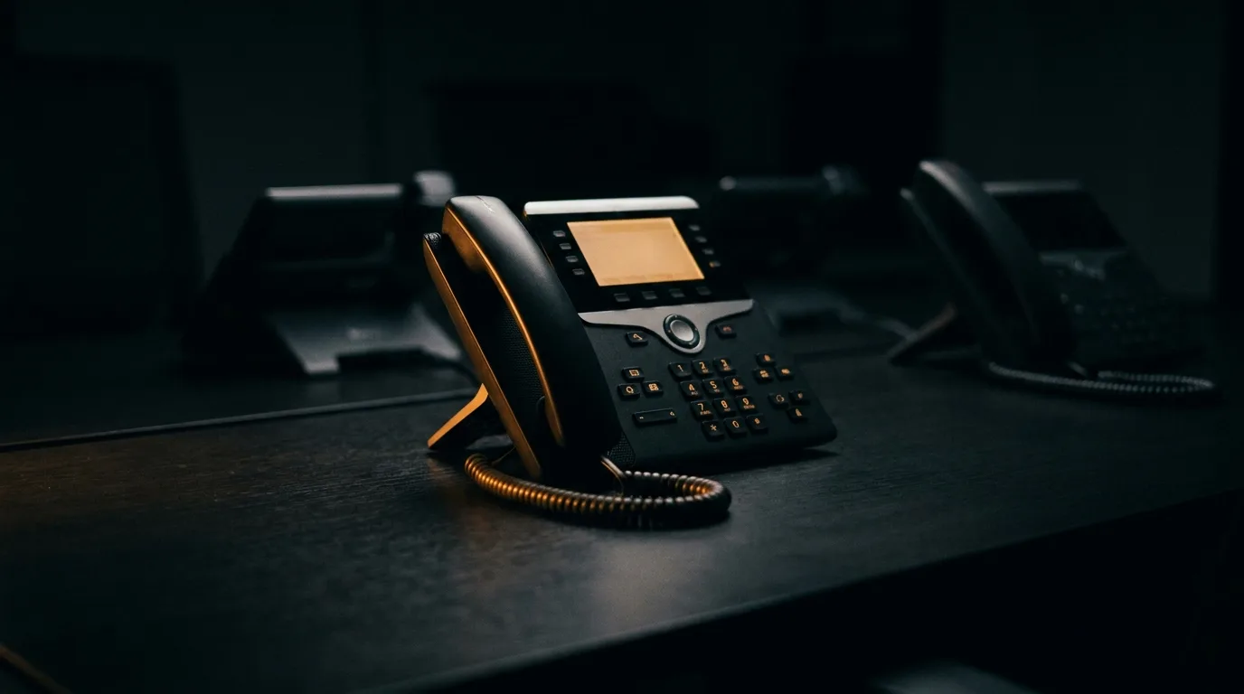 Business IP desk phone glowing amber in a dark office